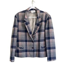 Vintage Windsor Cove Wool Plaid Blazer Women's 18 Blue Gray 80's Preppy Academia